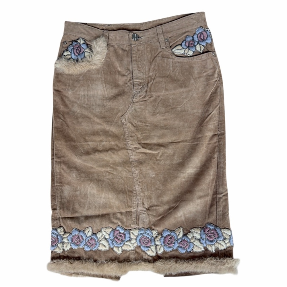 Italian Take Two Faux Suede Beaded Embroidered Fur Trimmed Midi Pencil Skirt